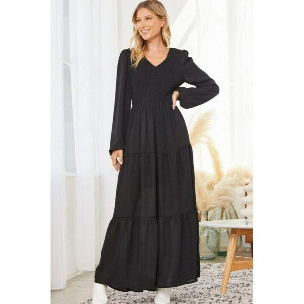 Rio Smocked Long Sleeve Maxi Dress in Black